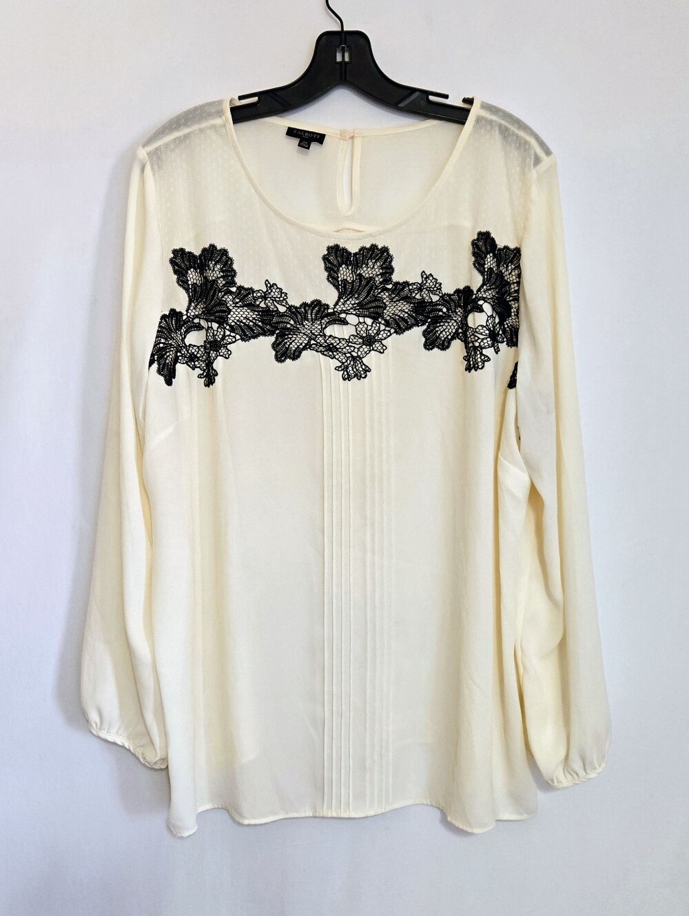 Talbots Plus 2X Ivory Black Lace Blouse Sheer Long Sleeve Pintuck Top